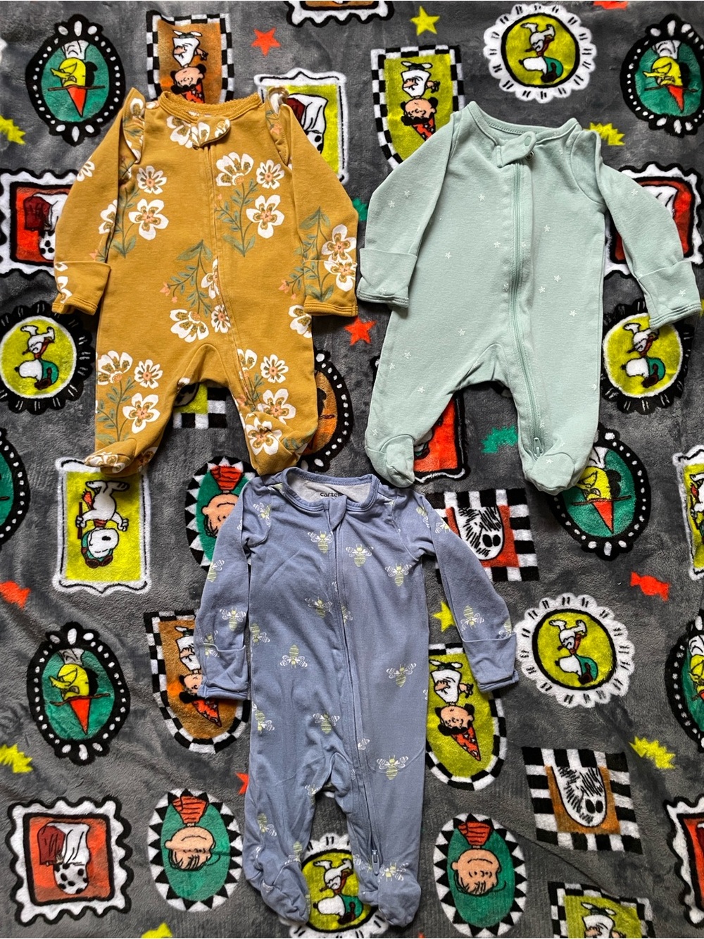 Carter's 3-Pack Footed One-Pieces - Mustard Floral, Mint, Lavender - Newborn